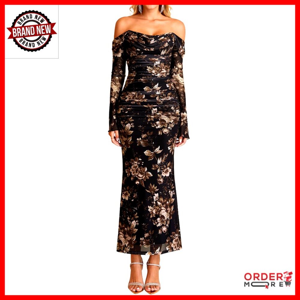 Off Shoulder Long Sleeve Maxi Dress Corset Bodycon Ruched Formal Elegant